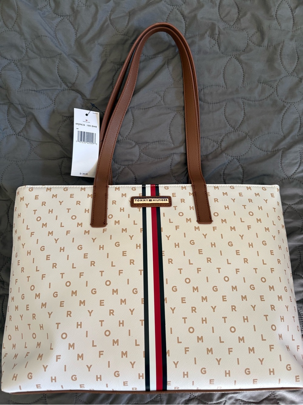 Tommy Hilfiger Cream Monogram Tote with Brown Handles and Signature Stripe